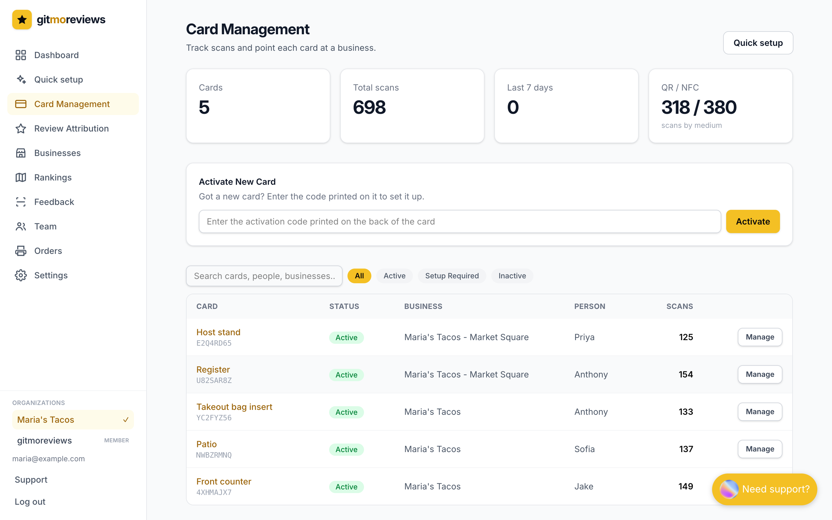 The Cards page with stats and a table of cards