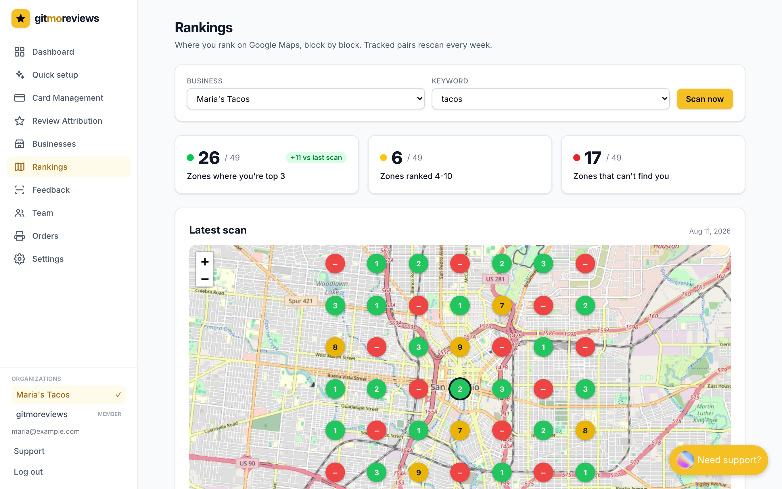 The Rankings page with the 49-point map, zone counts, and competitor table